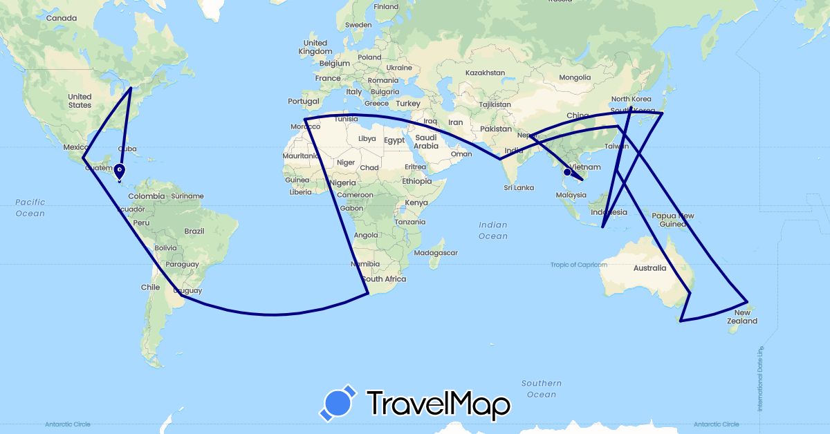 TravelMap itinerary: driving in Argentina, Australia, Canada, China, Costa Rica, Indonesia, India, Japan, South Korea, Morocco, Mexico, Nepal, New Zealand, Peru, Philippines, Thailand, Vietnam, South Africa (Africa, Asia, North America, Oceania, South America)
